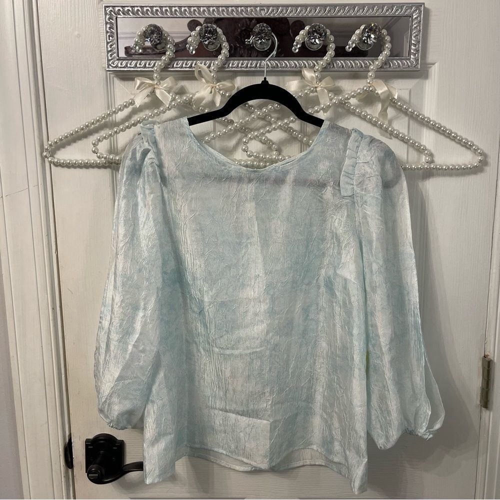 CeCe Sheer Blue Ruffle Slit Sleeve Blouse